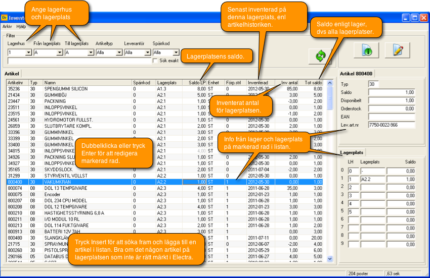 Electra inventering med lagerplatsmodul